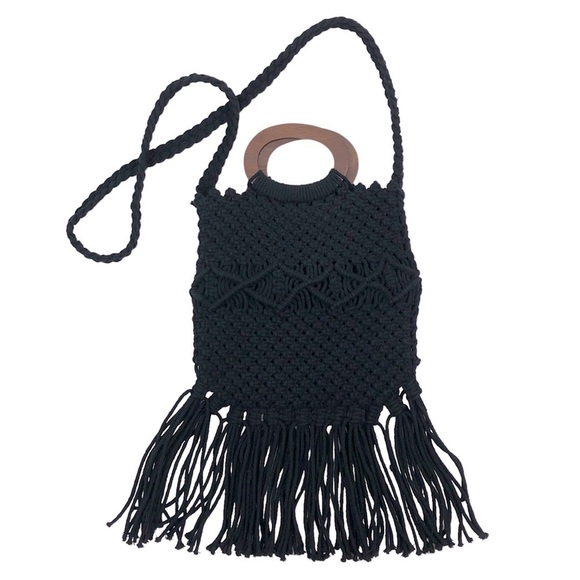 Danielle Nicole Black Fringe Macrame Crochet Boho Hippie Crossbody Satchel Bag - Picture 1 of 7